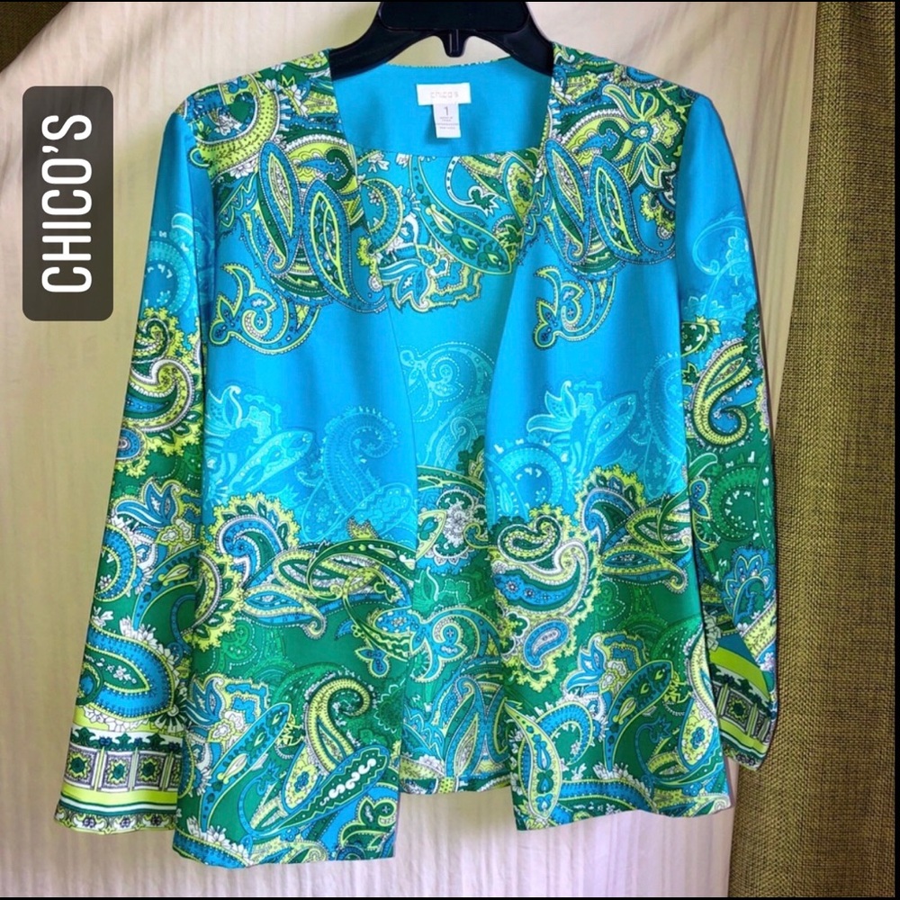 CHICOS Topper Open Front Cardigan Blazer Wrap Paisley Floral Medium Size 1 Women